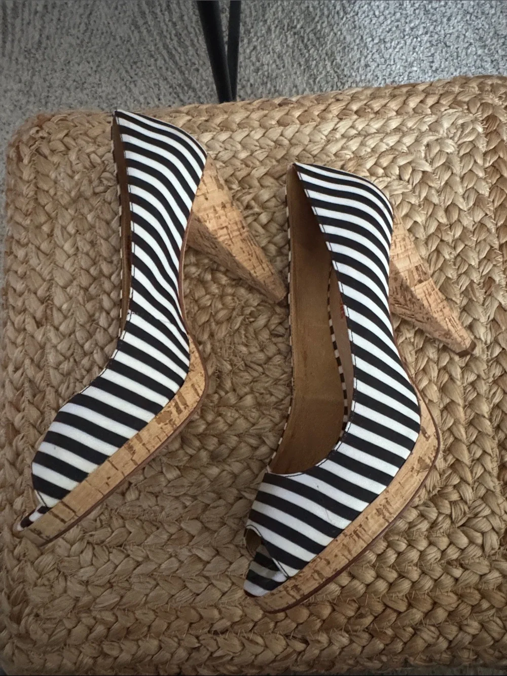 Michael Kors Navy Blue and White Striped Peep-Toe cork heels